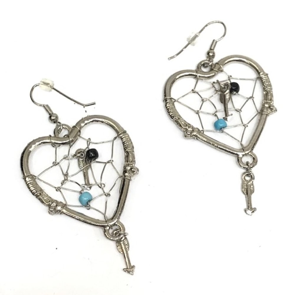Silver Heart Dream Catcher Dangle Earrings
